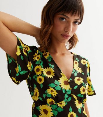 Black Sunflower Flutter Sleeve Mini Tea Dress New Look