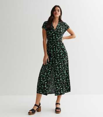 Black Floral Short Sleeve Midi Shirt Dress