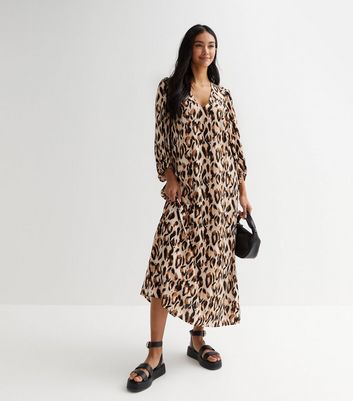 Brown Leopard Print Puff Sleeve Midi Smock Dress New Look