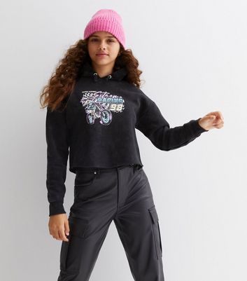 Girls Dark Grey Car Logo Acid Wash Boxy Hoodie