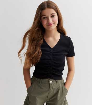 Girls Black Ribbed Ruched Front Top