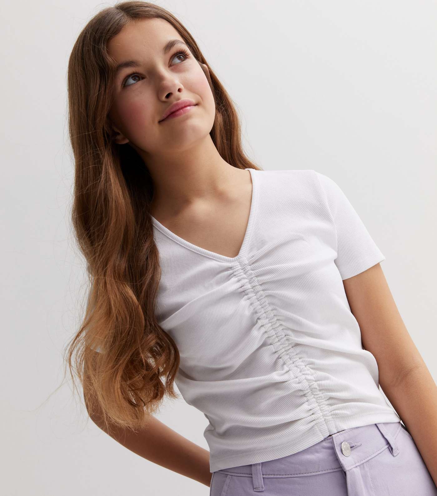 Girls White Ribbed Ruched Front Top