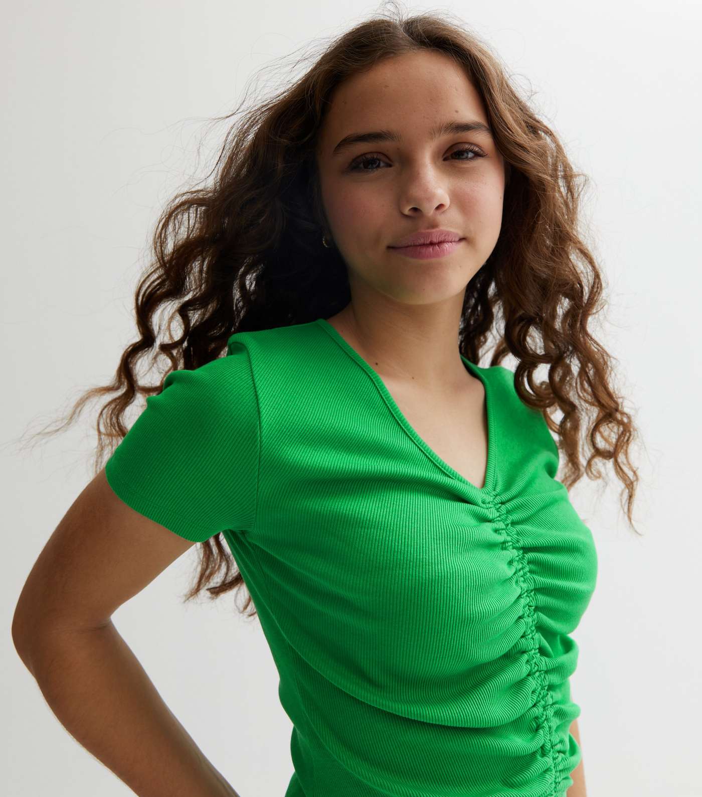 Girls Green Ribbed Ruched Front Crop Top Image 2