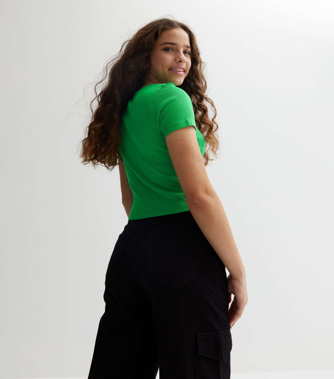 Girls Green Ribbed Ruched Front Crop Top Image 4