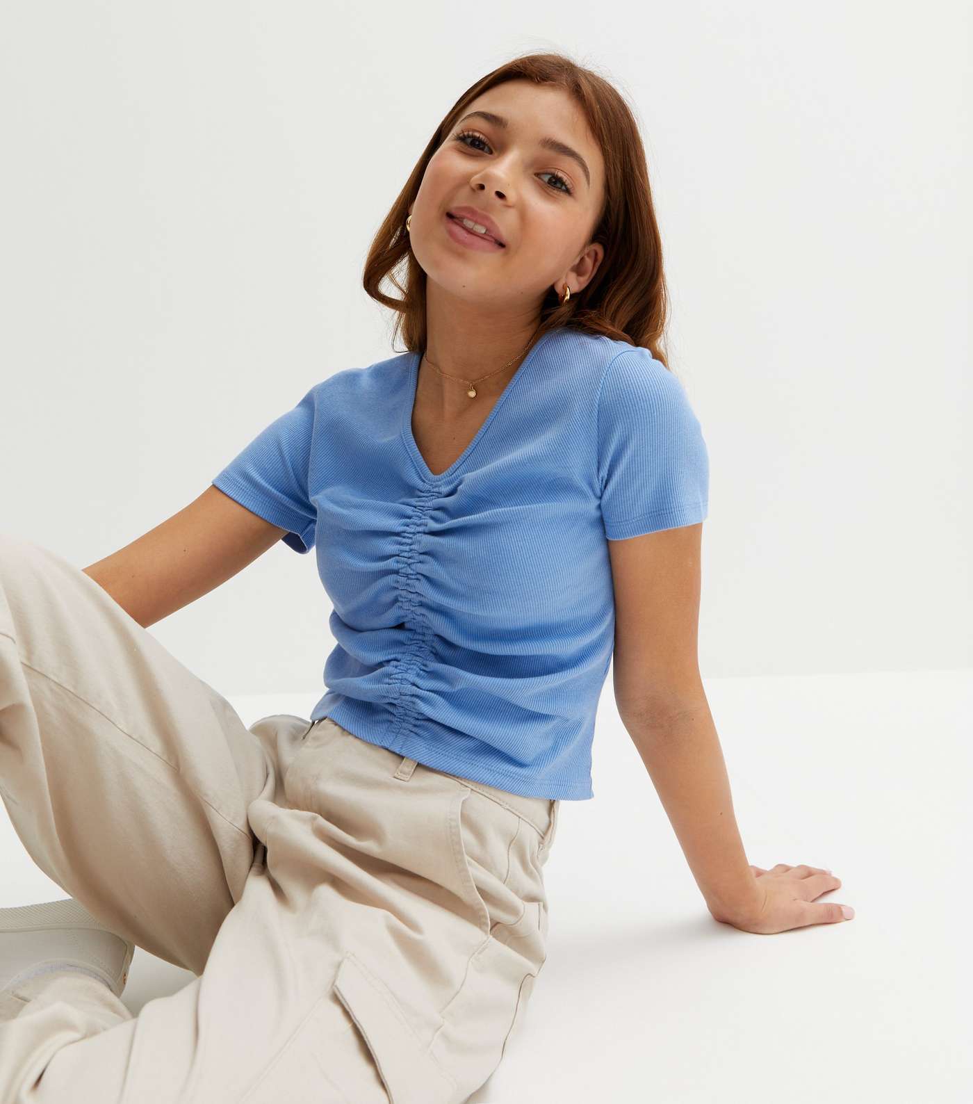 Girls Blue Ribbed Ruched Front Top