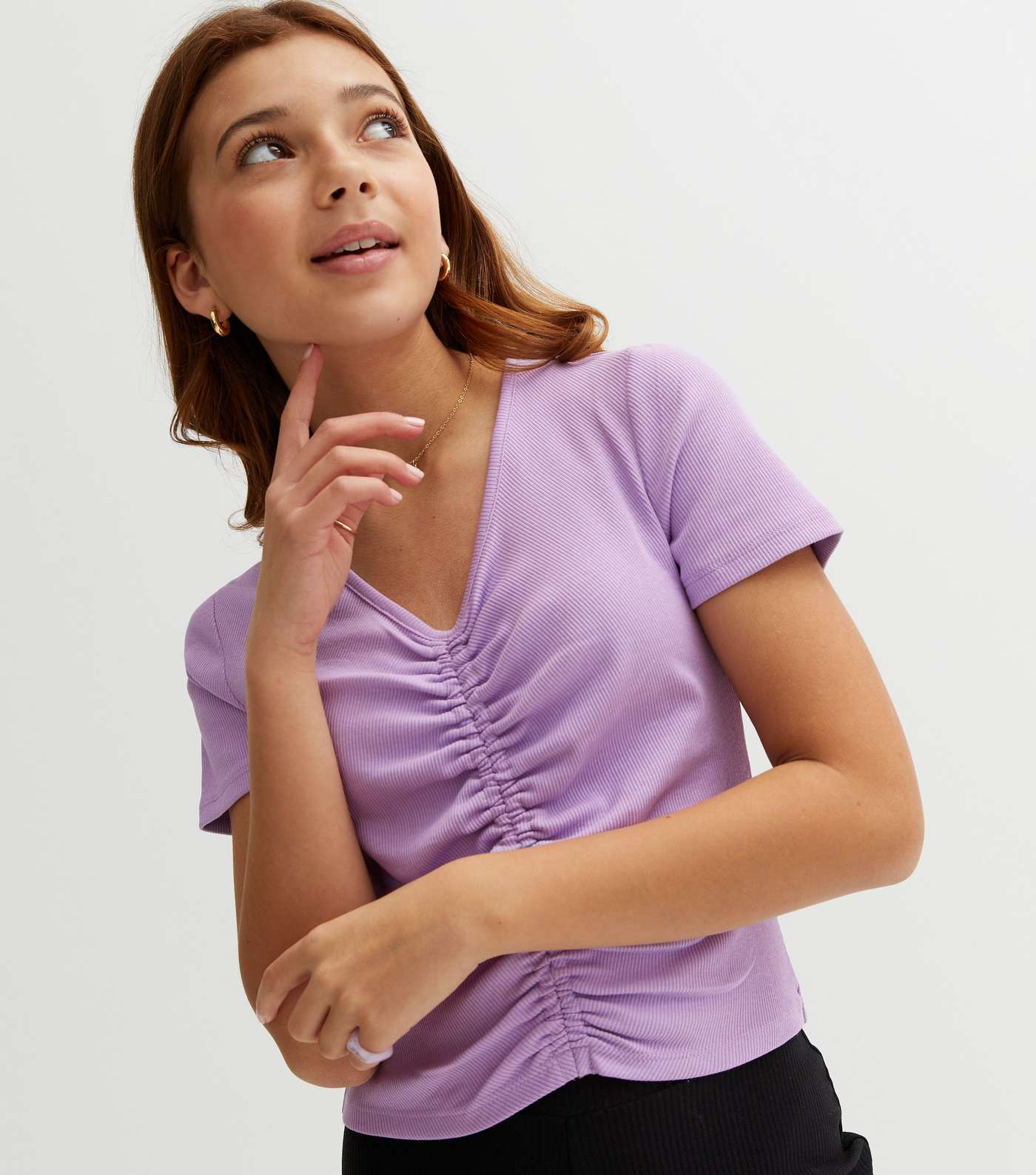 Girls Light Purple Ribbed Ruched Front Top