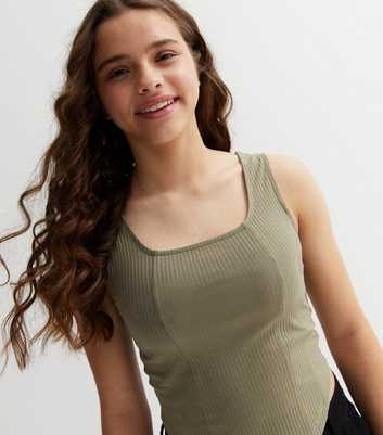 Girls Olive Ribbed Jersey Corset Vest