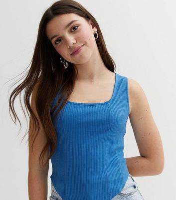 Girls Bright Blue Ribbed Jersey Corset Vest