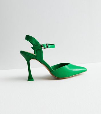 Green Leather-Look Flared Stiletto Heel Sandals