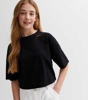 Girls Black Drop Shoulder Boxy T-Shirt