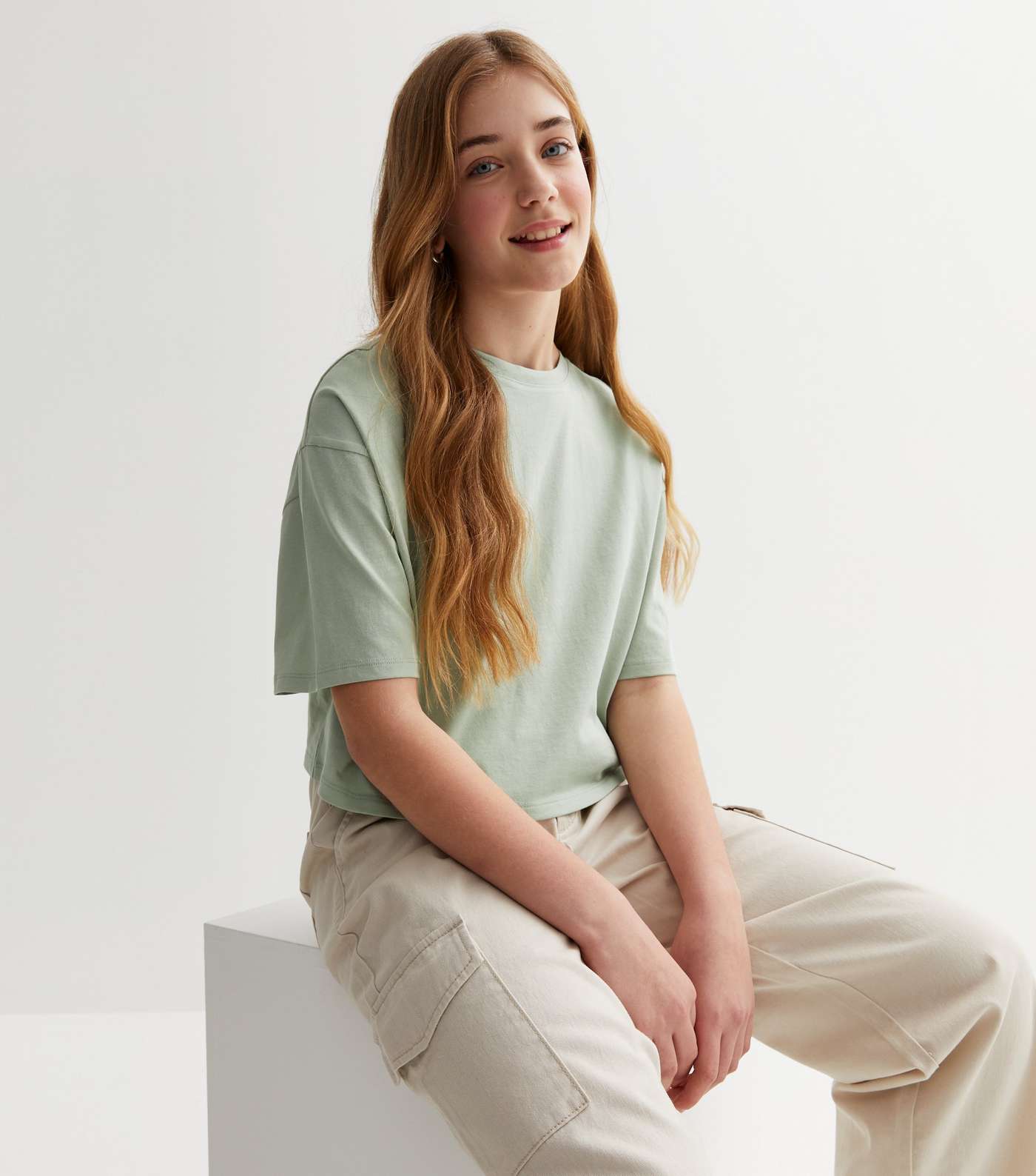 Girls Light Green Drop Shoulder Boxy T-Shirt