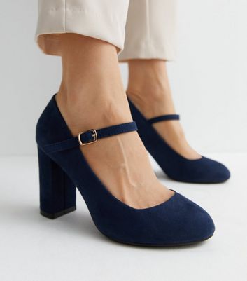 Wide Fit Navy Suedette Block Heel Mary Jane Shoes New Look