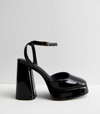 Black Patent 2 Part Platform Block Heel Sandals
