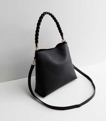 Black Leather-Look Plaited Shoulder Bag