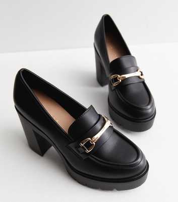 Black Leather-Look Bar Block Heel Loafers