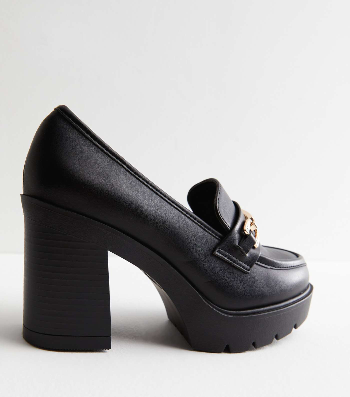 Black Leather-Look Bar Block Heel Loafers Image 3