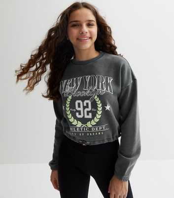 Girls Grey Acid Wash New York Logo Toggle Hem Sweatshirt