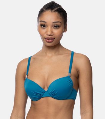 Dorina Blue Ruched Metal Trim Lightly Padded Bikini Top New Look