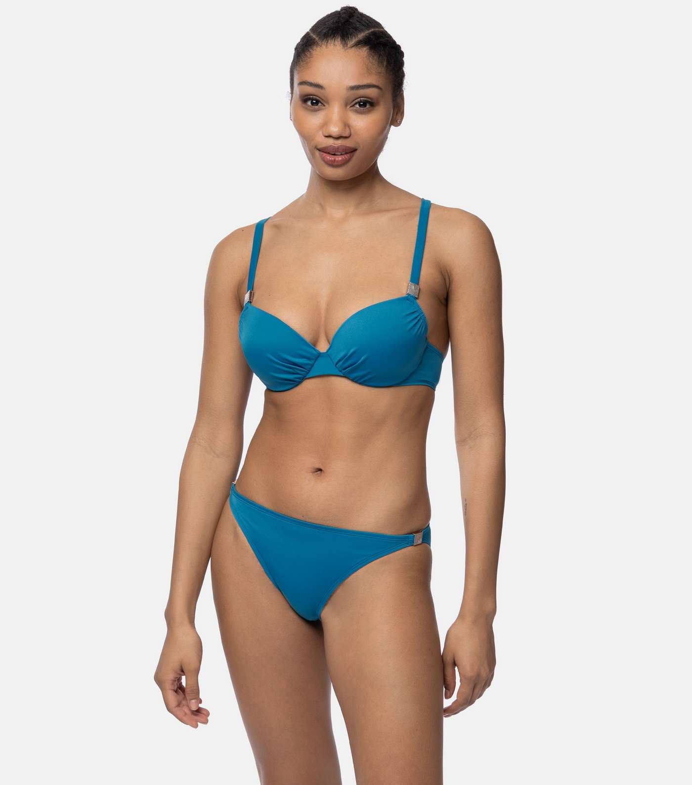 Dorina Blue Ruched Metal Trim Lightly Padded Bikini Top Image 2