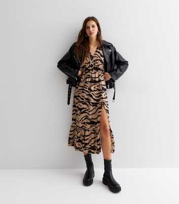 Parisian Brown Zebra Print V Neck Long Sleeve Split Hem Midi Dress