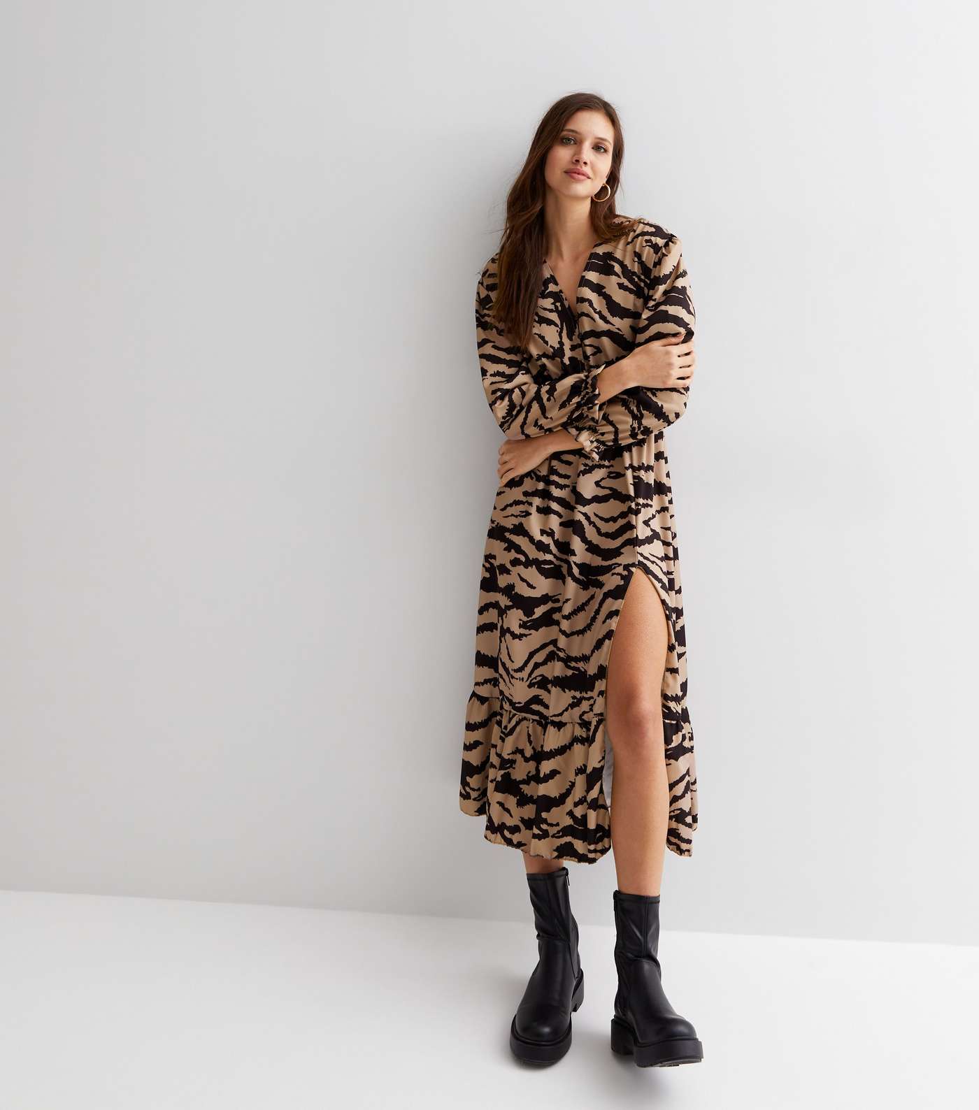 Parisian Brown Zebra Print V Neck Long Sleeve Split Hem Midi Dress Image 3