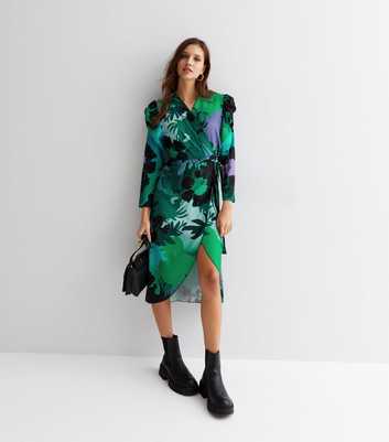 Parisian Green Floral V Neck Long Puff Sleeve Midi Wrap Dress