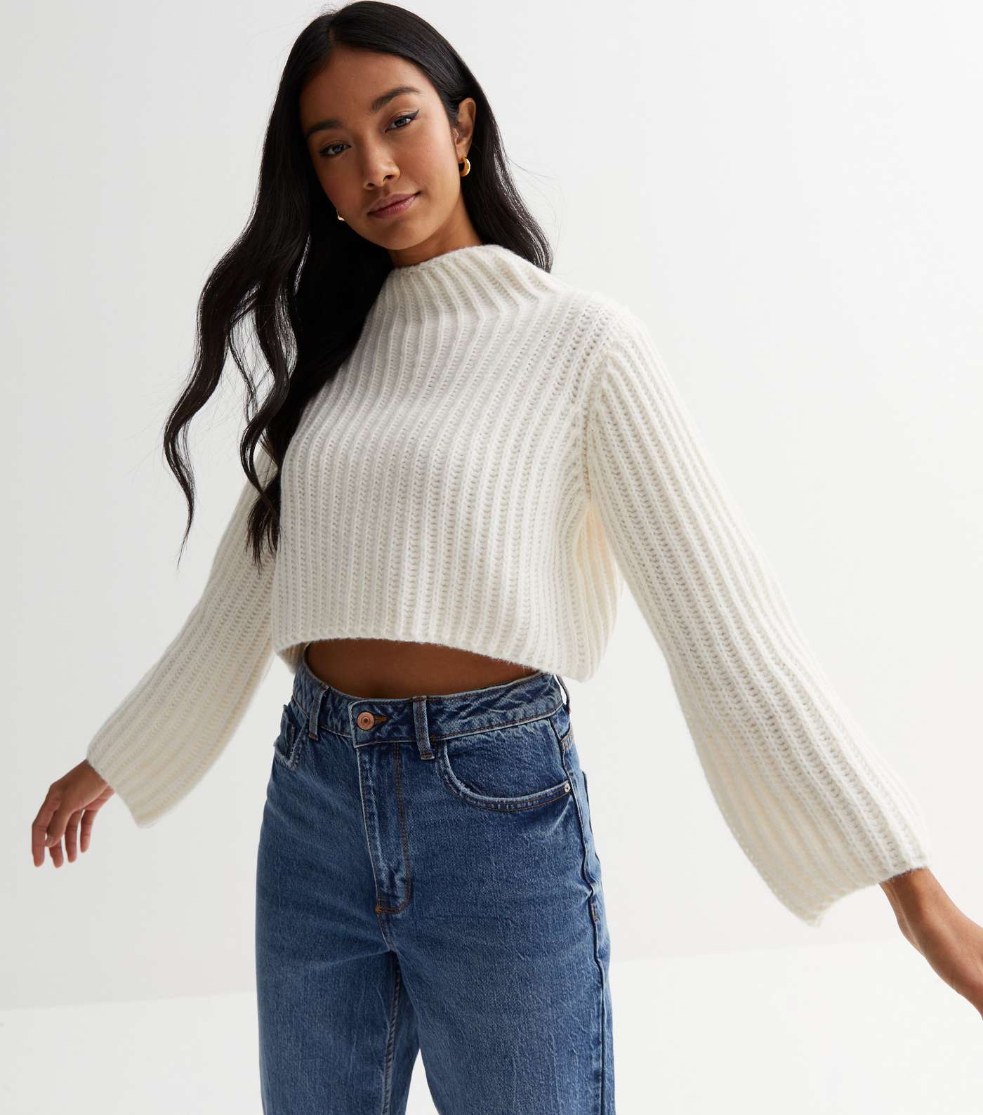 Cameo Rose Off White Ribbed High Neck Crop Jumper Image 2