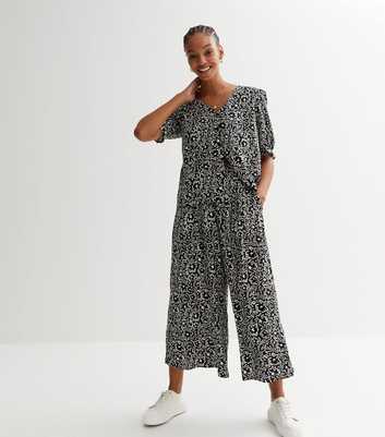 Black Floral Doodle Print Crop Wide Leg Trousers