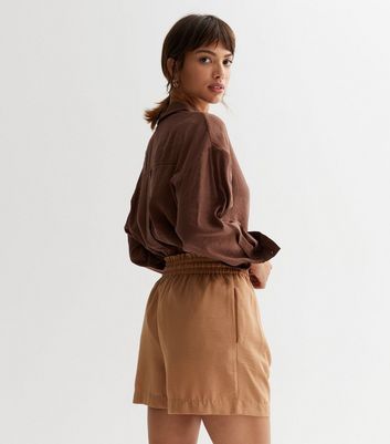 Light Brown Shirred Waist Drawstring Shorts New Look