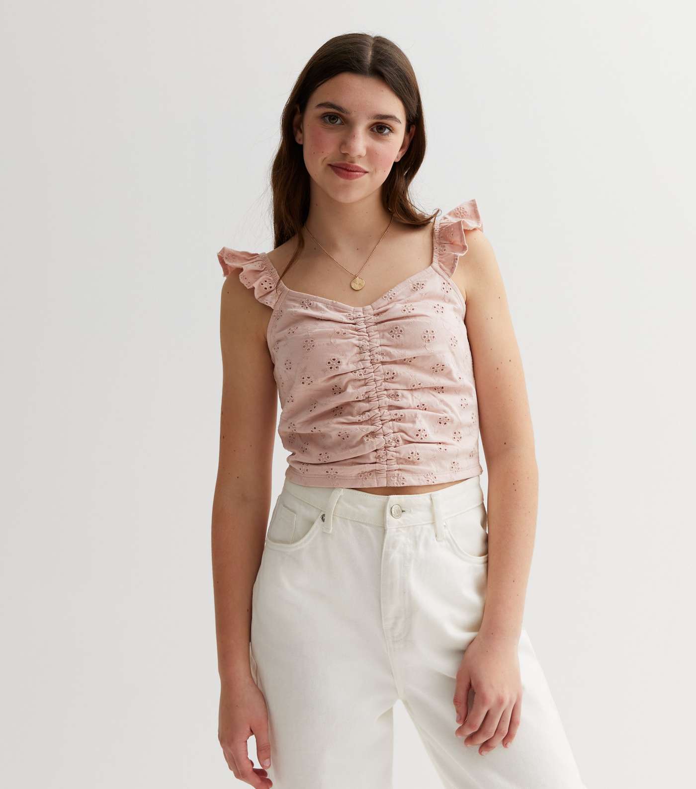 Girls Pale Pink Broderie Frill Ruched Vest Image 2