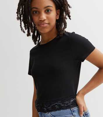 Girls Black Lace Hem T-Shirt