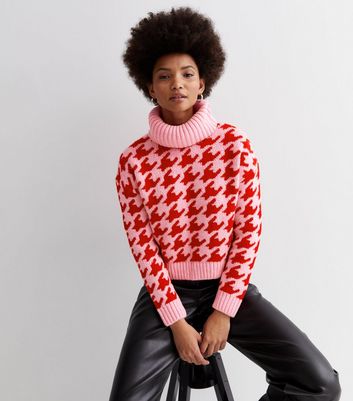 ONLY Pink Dogtooth Roll Neck Jumper