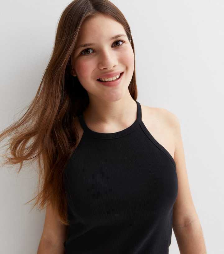 Girls Black Ribbed Jersey Halter Cami