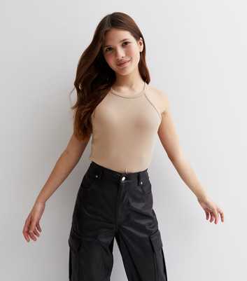 Girls Camel Ribbed Jersey Halter Cami