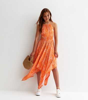 Girls Orange Hanky Hem Beach Dress