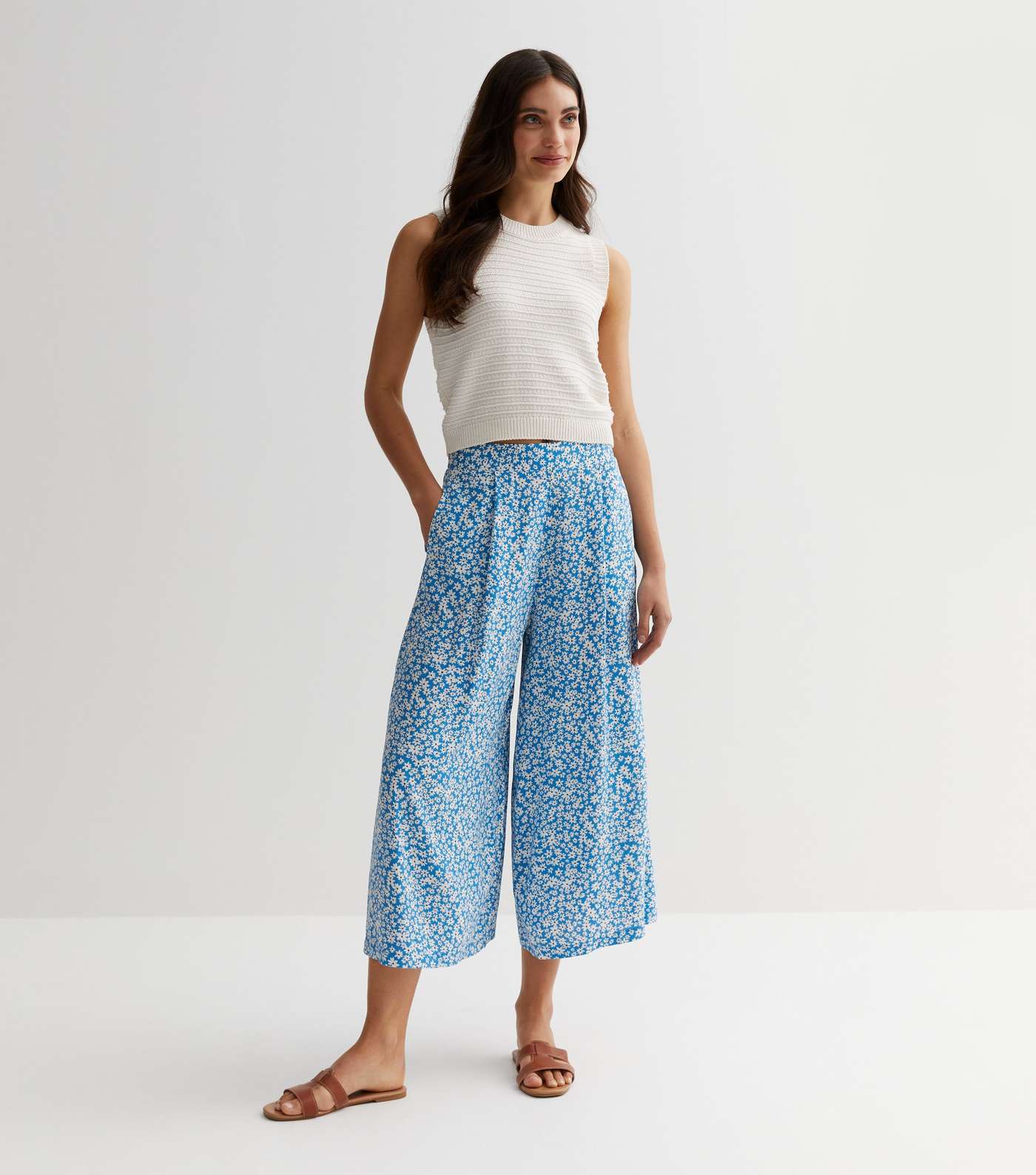 Blue Ditsy Floral Wide Leg Crop Trousers Image 5