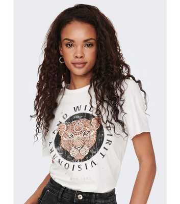 ONLY Off White Cheetah Print Logo T-Shirt