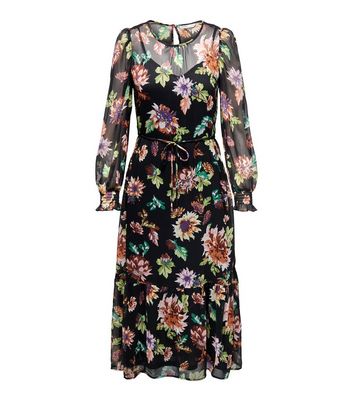 ONLY Black Floral Chiffon Long Sleeve Tiered Midi Dress New Look