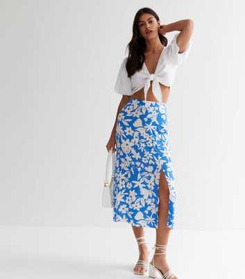 Blue Floral Split Hem Midi Skirt