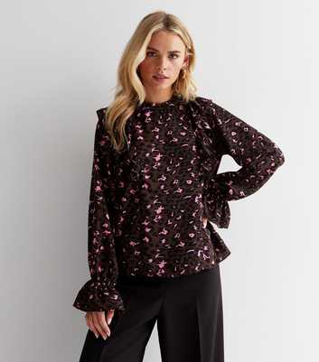 ONLY Deep Pink Leopard Print High Neck Frill Blouse