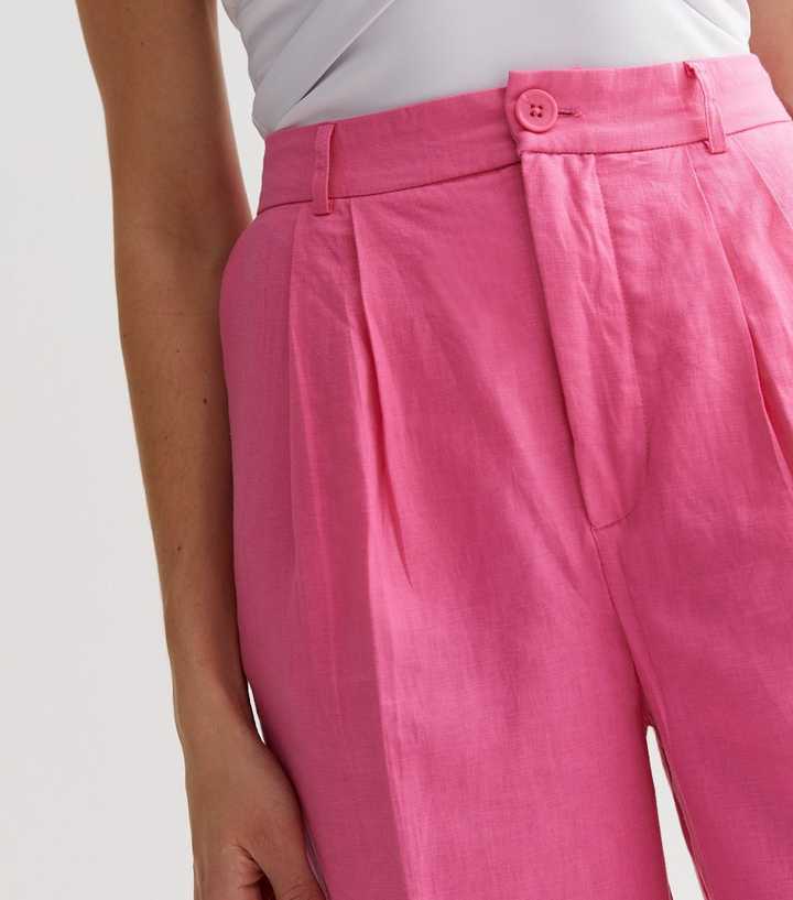 Bright Pink Linen Blend Formal Wide Leg Trousers