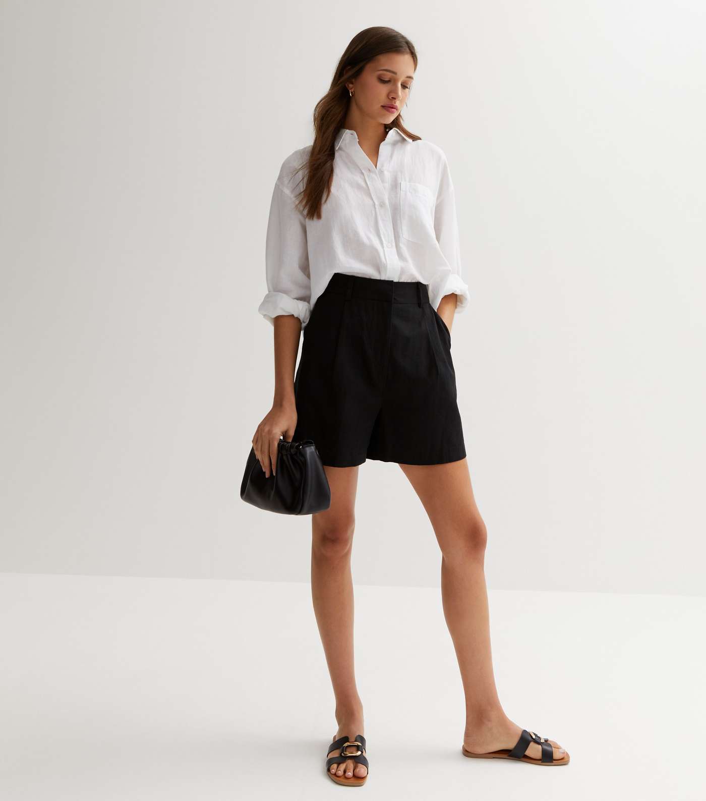 Black Linen Blend High Waist Formal Shorts Image 2
