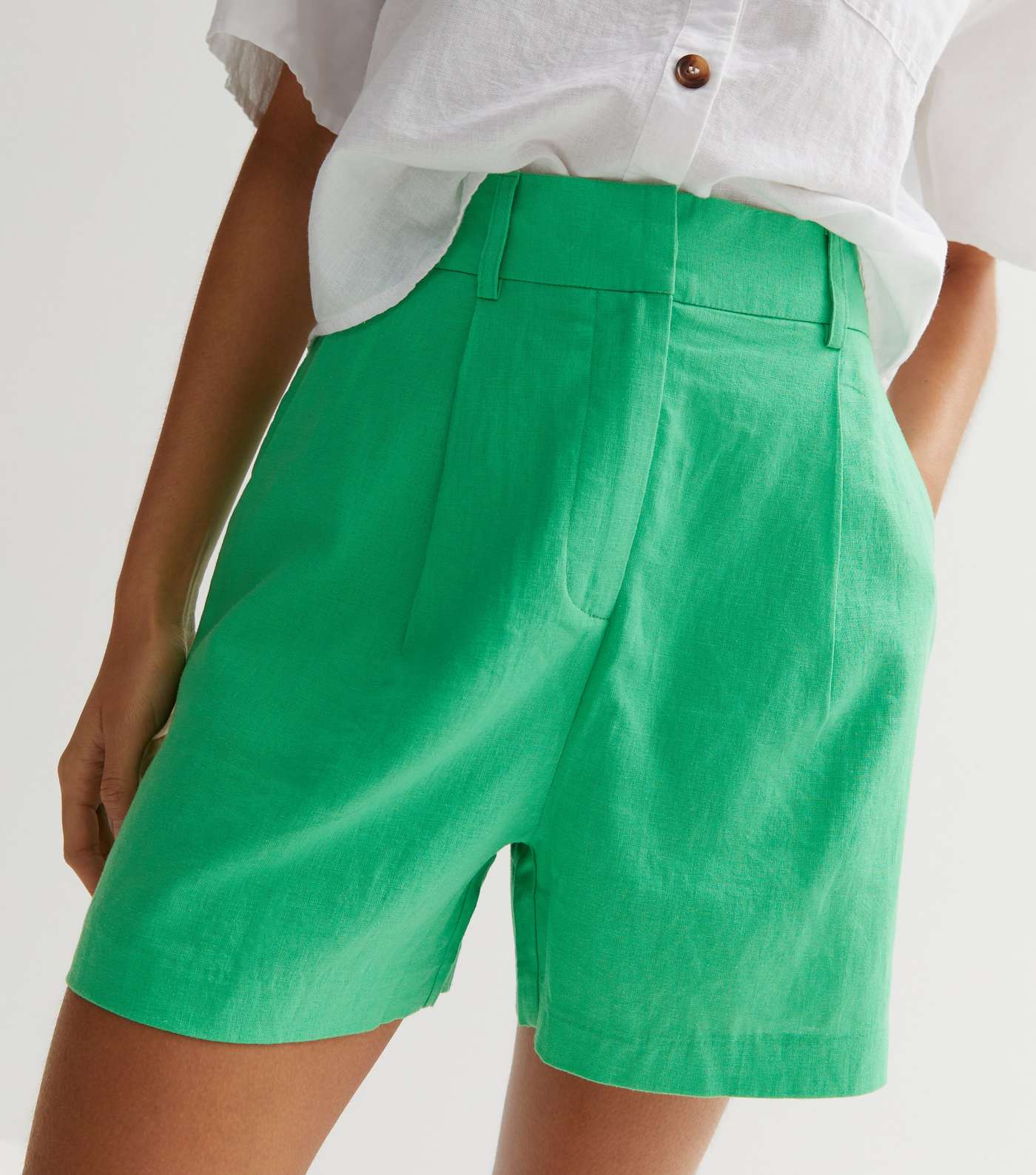 Green Linen Blend High Waist Formal Shorts Image 3