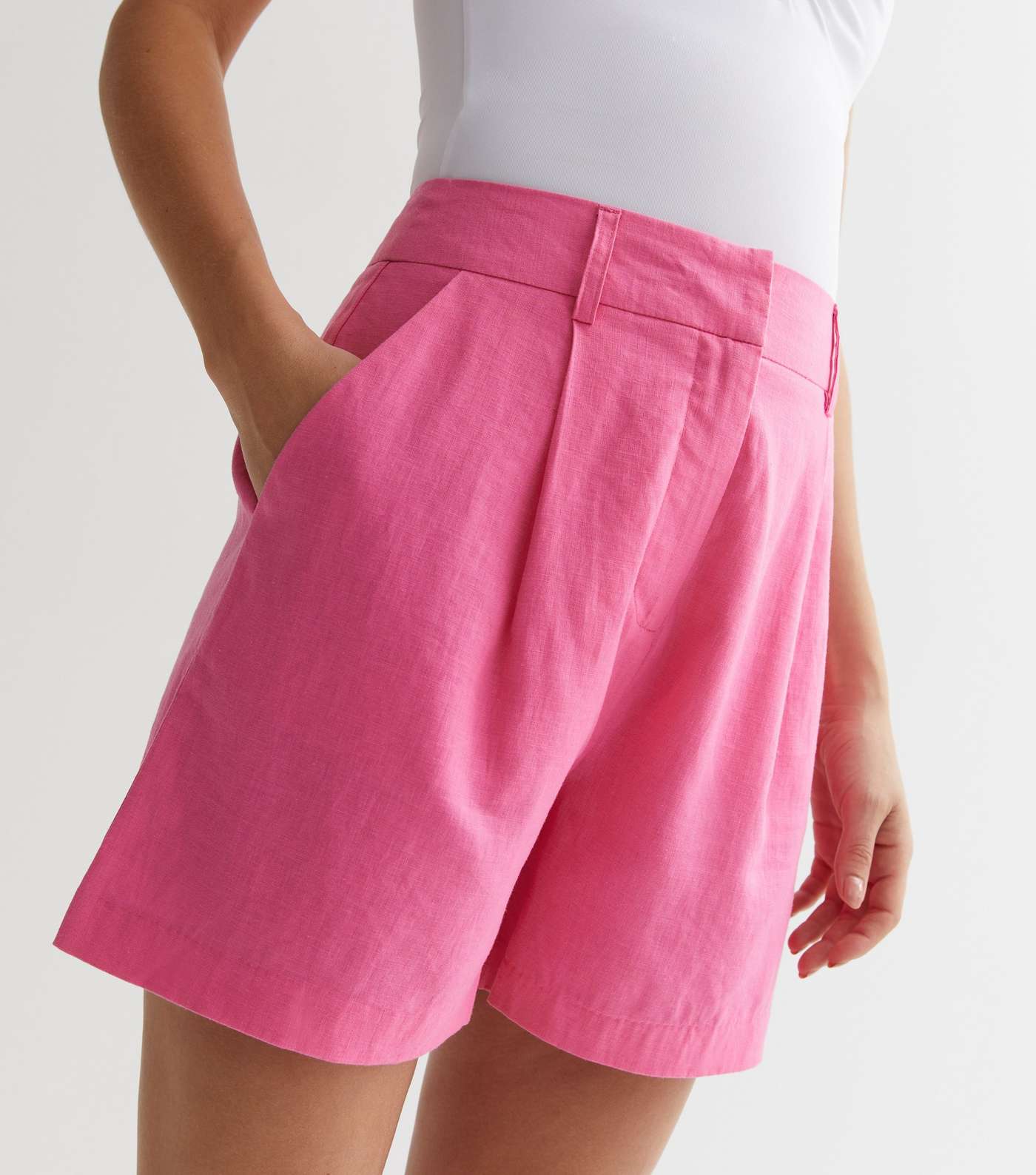 Bright Pink Linen Blend High Waist Formal Shorts Image 3