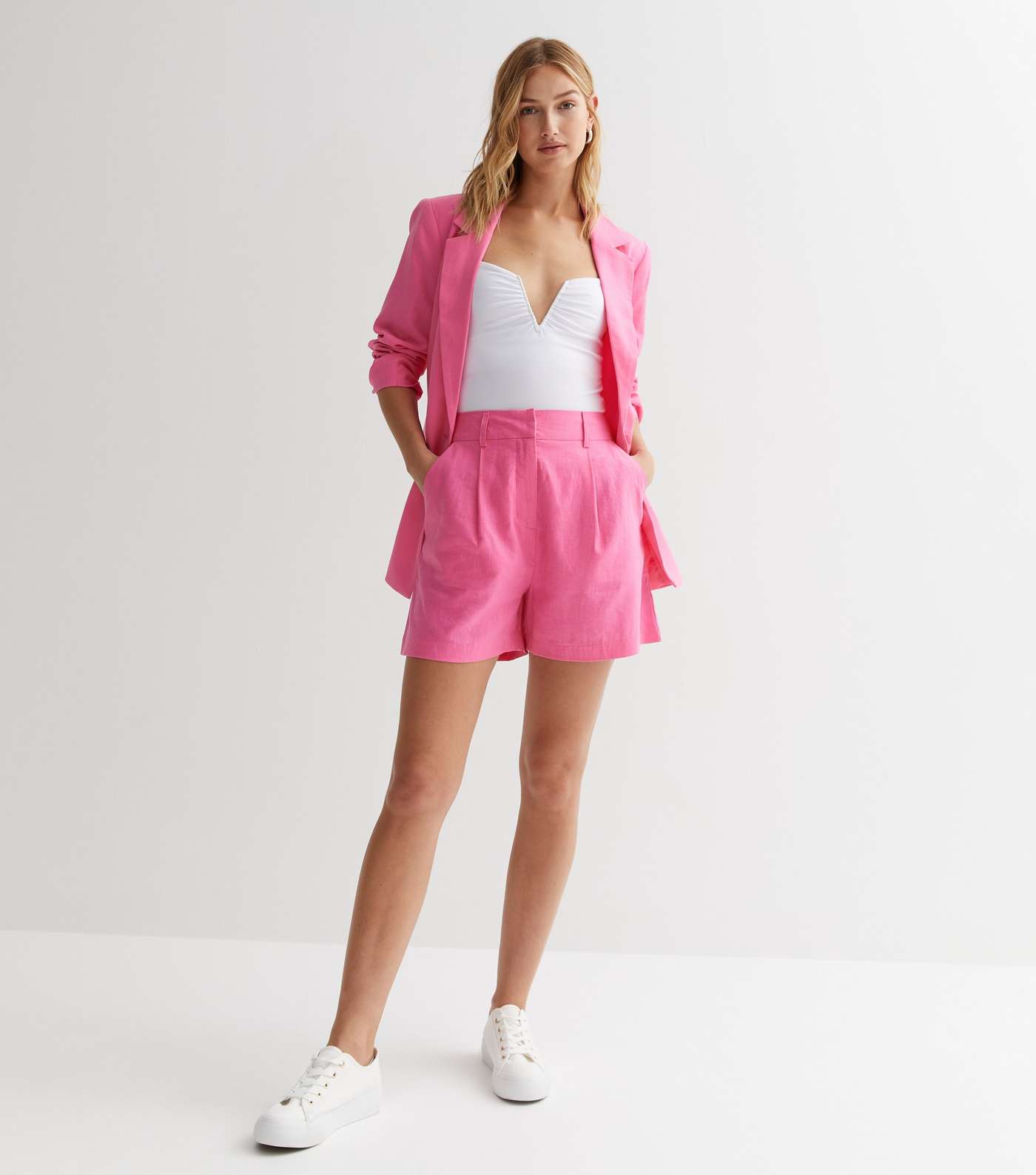 Bright Pink Linen Blend High Waist Formal Shorts Image 5