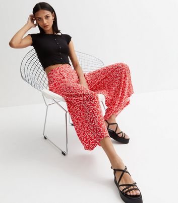 Red Ditsy Floral Wide Leg Crop Trousers