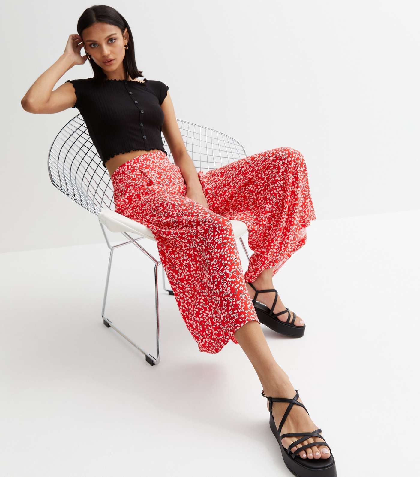 Red Ditsy Floral Wide Leg Crop Trousers