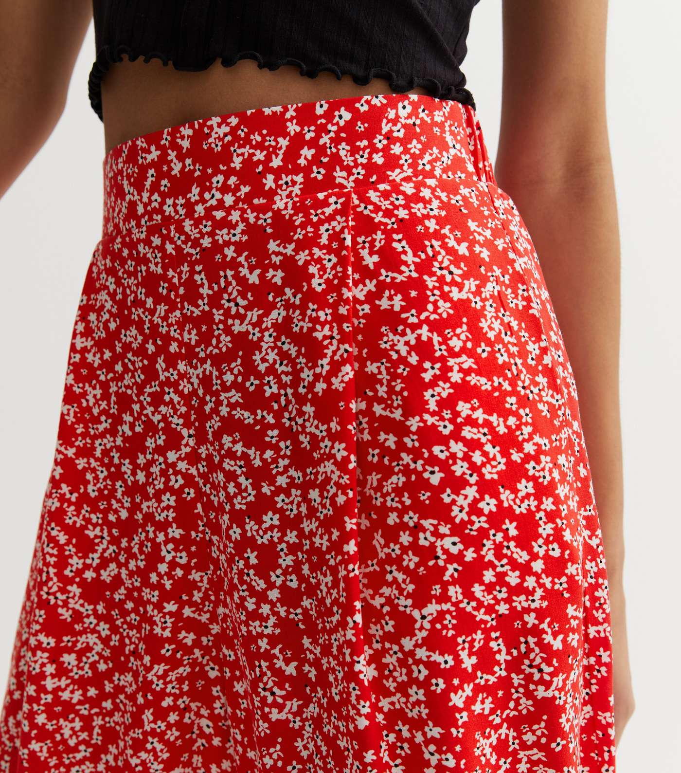 Red Ditsy Floral Wide Leg Crop Trousers Image 3