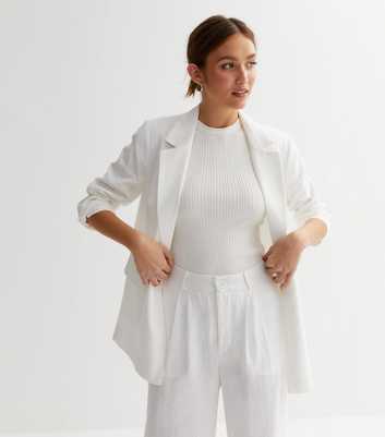 White Linen-Look Button Front Blazer