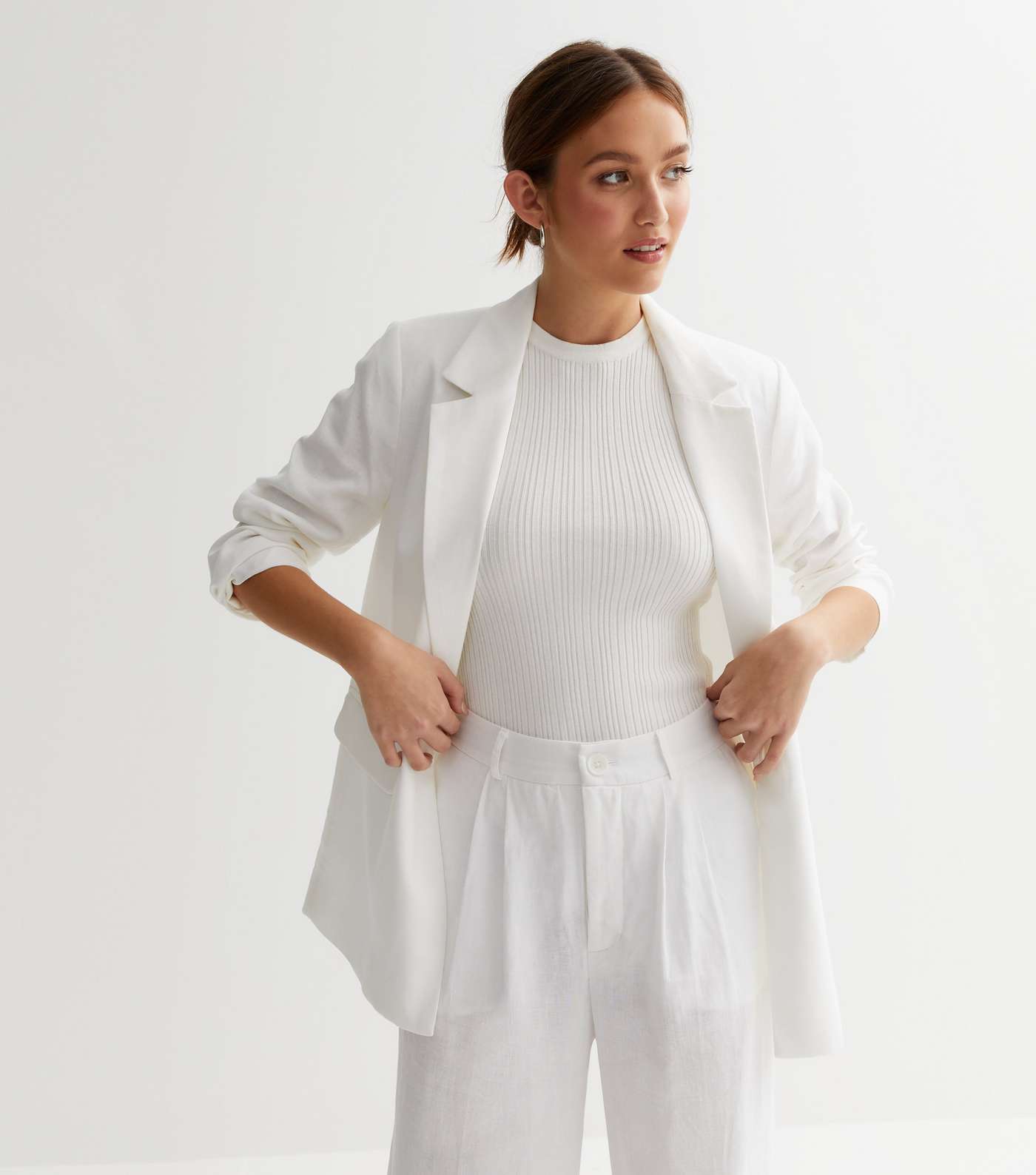 White Linen-Look Button Front Blazer